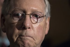 Senate Majority Leader Mitch McConnell, R-Ky., meets with reporters following a closed-door strategy session at the Capitol in Washington, Tuesday, June 20, 2017.