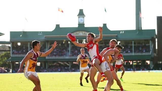 SYDNEY, AUSTRALIA - MAY 07: Jake Lloyd of the Swans competes for the ball during the round seven AFL match between the ...