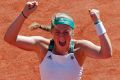 Latvia's Jelena Ostapenko celebrates winning the women's final at the French Open on Saturday.