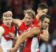 Big comeback: Dan Hannebery of the Swans celebrates a goal.