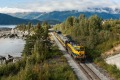 The Alaska Train travelling along the shores of Turnagain Arm near Girdwood. 