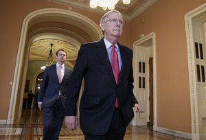 Senate Majority Leader Mitch McConnell walks to his office in the Capitol in Washington, Thursday, April 6, 2017, as he is expected to change Senate rules to guarantee confirmation of Supreme Court nominee Neil Gorsuch.