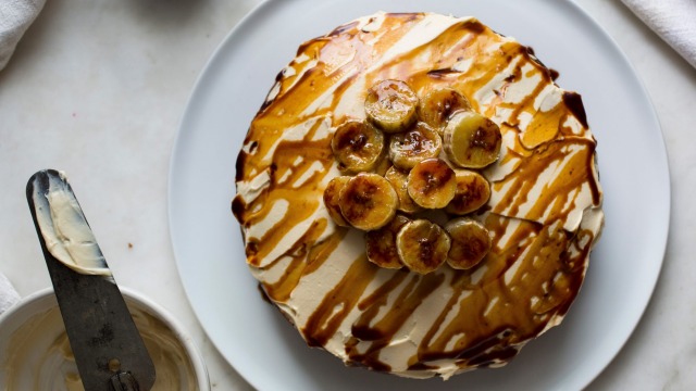 Sesame, date and banana cake with tahini cream cheese icing and caramelised banana.