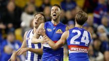 MELBOURNE, AUSTRALIA - JUNE 24: Matthew Suckling and Shane Biggs of the Bulldogs (right) celebrate during the 2017 AFL ...