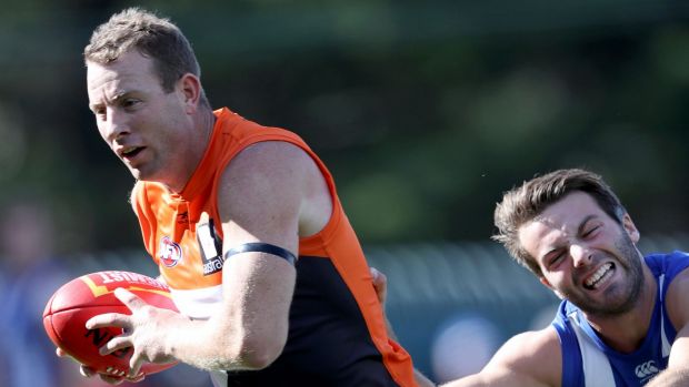 On the burst: Steve Johnson makes a break for it at Blundstone Arena.