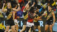 MELBOURNE, AUSTRALIA - MAY 27:  Jack Riewoldt (L) and Shane Edwards of the Tigers (R) celebrates the win on the final ...