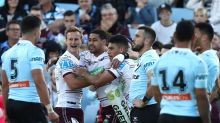 SYDNEY, AUSTRALIA - JUNE 25:  Matthew Wright and Dale Cherry-Evans of the Sea Eagles celebrates after Wright scored a ...