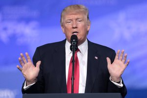 President of the United States Donald Trump speaking at the 2017 Conservative Political Action Conference (CPAC) in National Harbor, Maryland