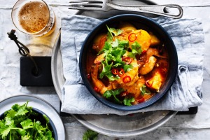 Tagine of prawns, and potatoes.