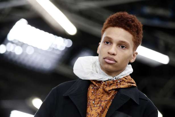 A model wears a creation as part of Lanvin Men's Spring Summer 2018 fashion collection, presented in Paris, France, Sunday, June 25, 2017.