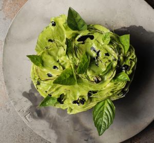 A rosette of iceberg lettuce, coconut, lime and charcoal.