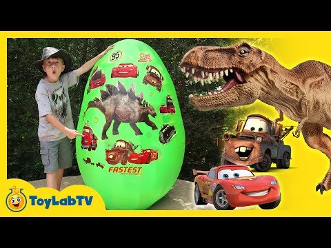 GIANT EGG SURPRISE DINOSAURS VS CARS! Dinosaur & Disney Cars 3 Movie Toys, Biggest Lightning McQueen