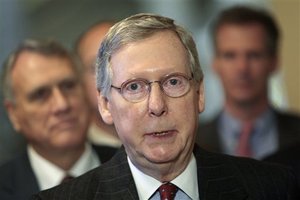 Senate Minority Leader Mitch McConnell  of Ky., responds to a question during a news conference with other House and Senate lawmakers on Capitol Hill in Washington, Thursday, March 18, 2010.