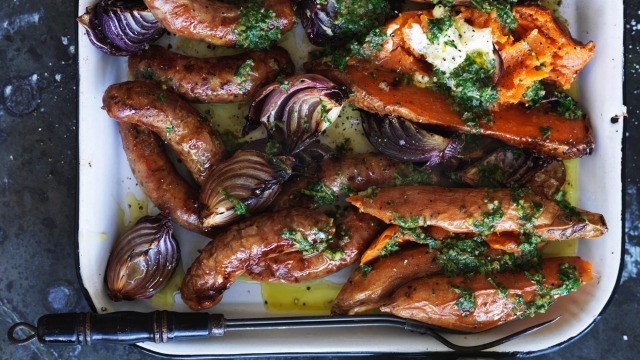 One-tray wonder: Baked sweet potato and sausages.