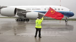 A China Southern flight was delayed five hours after a woman threw coins at the plane 'for luck' ... and one went into ...