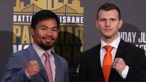 Niceties over: Manny Pacquiao and Jeff Horn face off at Suncorp Stadium on Wednesday.