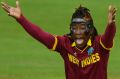 A masked Deandra Dottin of the West Indies appeals for a wicket during the ICC Women's World Cup 2017 match between ...