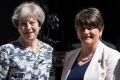 British Prime Minister Theresa Ma, left, greets Arlene Foster, the leader of Northern Ireland's Democratic Unionist ...