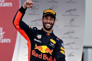 Daniel Ricciardo on the podium for Red Bull Racing after winning the Azerbaijan Formula One Grand Prix at Baku City ...