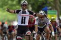 Australian Michael Matthews (Team Sunweb) celebrates his win in the third stage of the Tour of Switzerland.