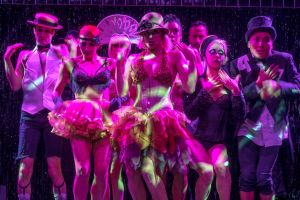 The cast of Blanc de Blanc warm up the Aurora Spiegeltent.