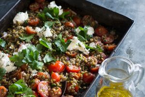 Green lentils with cherry tomatoes and marinated feta.