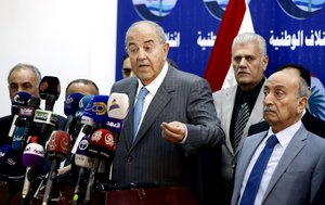 Former Prime Minister, Ayad Allawi, currently Iraq's Vice President, speaks to reporters during a press conference in Baghdad, Iraq, Sunday, March 20, 2016.