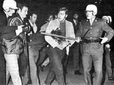 Demonstrators clash with police during the la Presse strike, 1971