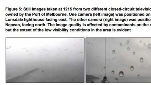 A CCTV image from Port of Melbourne cameras facing east across the water from Point Lonsdale show the weather conditions.