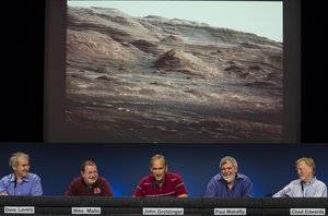 In this Aug. 27, 2012 file photo, NASA scientists comment on the layer of the base of Mars' Mount Sharp, the Curiosity rover's eventual science destination during a briefing at NASA's Jet Propulsion Laboratory in Pasadena