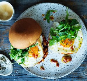 Bean, bacon and egg breakfast bun.