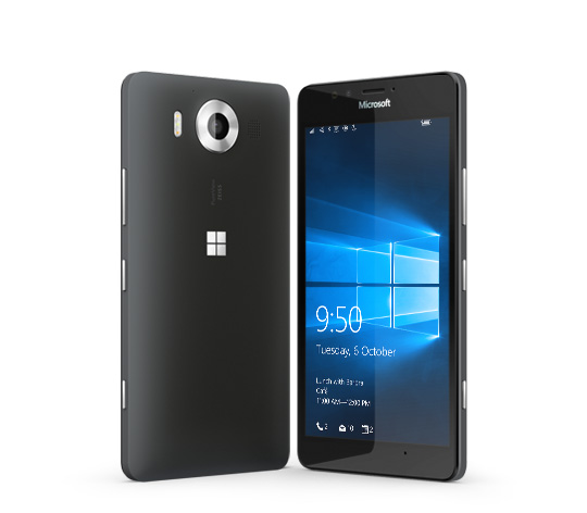 Two black Lumia 950 phones with one facing backward and the other facing forward with Windows 10 lock screen 
