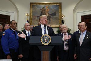 President Donald Trump speaks before signing an executive order to establish a National Space Council, Friday, June 30, 2017, in the Roosevelt Room of the White House in Washington.