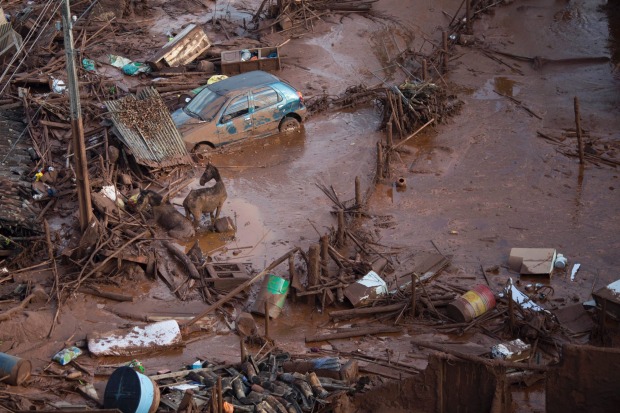 The small town of Bento Rodrigues, Minas Gerais, Brazil after the Samarco dam disaster.