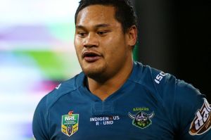 CANBERRA, AUSTRALIA - JULY 01: Joseph Leilua of the Raiders leaves the field after being sent to the sin bin during the ...