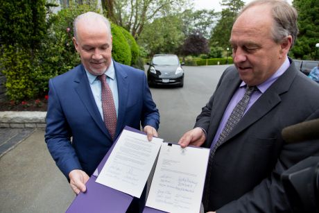 NDP leader John Horgan and Greens leader Andrew Weaver