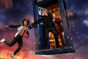 Bill (Pearl Mackie), The Doctor (Peter Capaldi), and Nardole (Matt Lucas) in Doctor Who.