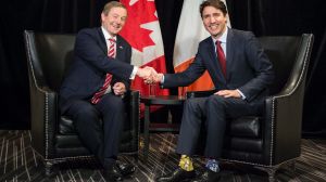 Justin Trudeau, right, with his Irish counterpart Enda Kenny in Montreal on Thursday where he was spotted in Star Wars socks.