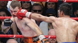 Jeff Horn took several blows to the head from Manny Pacquiao throughout the ninth round. 