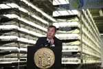 New Jersey Gov. Chris Christie addresses a gathering at AeroFarms, a vertical farming operation, Thursday, March 24, 2016, in Newark, N.J.