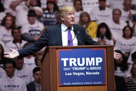 Donald Trump speaking with supporters at a campaign rally at the South Point Arena in Las Vegas, Nevada.