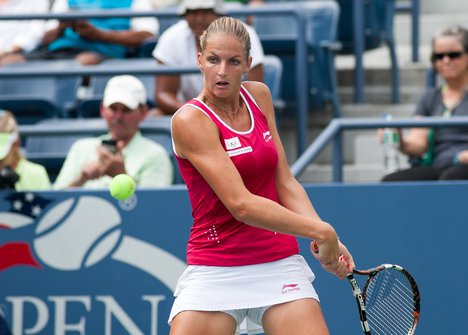 Karolina Pliskova (CZE) in action against Anna Tatishvili (USA) during Round 1 of the 2015 US Open at the USTA Billy Jean King National Tennis Center in Flushing Meadows, New York August  31, 2015