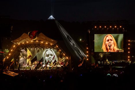 British singer Adele performs at the Glastonbury music festival at Worthy Farm, in Somerset, England, Saturday, June 25, 2016.