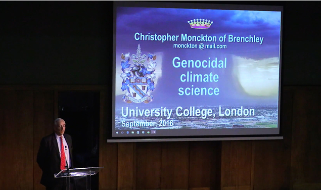 Christopher Monckton speaking on 'genocidal climate science' at a London meeting in 2016