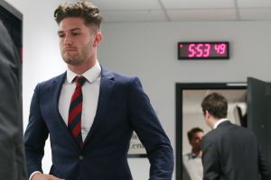 Melbourne Demons Tomas Bugg leaves the AFL tribunal in Melbourne. 