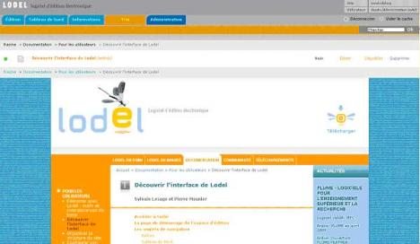 Une fois connecté, la barre d’outils de Lodel est présente en permanence et ce même au dessus des pages lorsque l’éditeur navigue sur le site