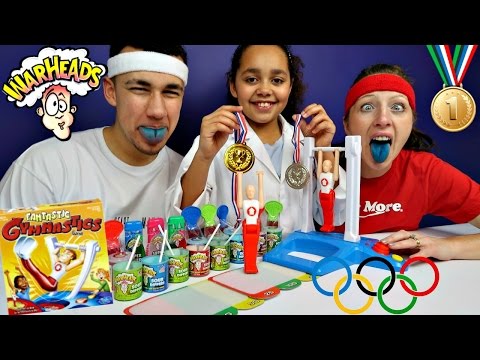 FANTASTIC GYMNASTICS CHALLENGE! Extreme Sour Warheads Candy - Toys AndMe Family Funny Video