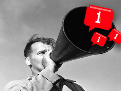 A man with a loudspeaker emitting Facebook notifications 