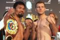 Game face: Manny Pacquiao and Jeff Horn after weighing in at Suncorp Stadium before Sunday's fight.