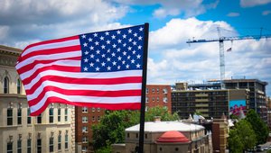 A view of the American flag on a street in Washington DC